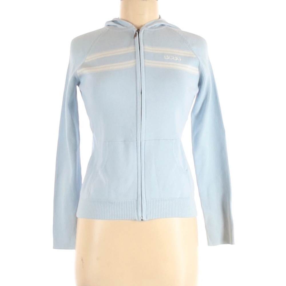 BCBGMaxAzria Logo Zip Up Front Baby Blue Hooded Jacket sz M